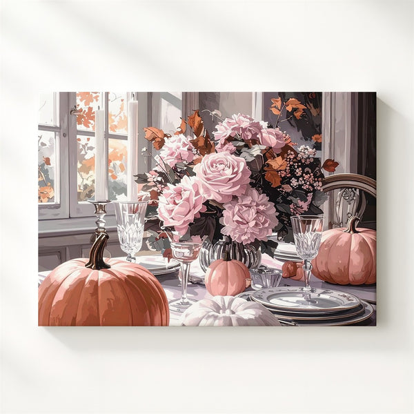 Elegant Halloween Table Canvas – Blush Pumpkins & Floral Autumn Setting - Gifitto