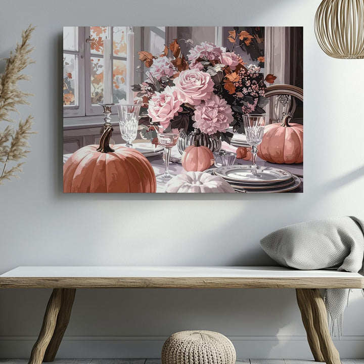 Elegant Halloween Table Canvas – Blush Pumpkins & Floral Autumn Setting - Gifitto