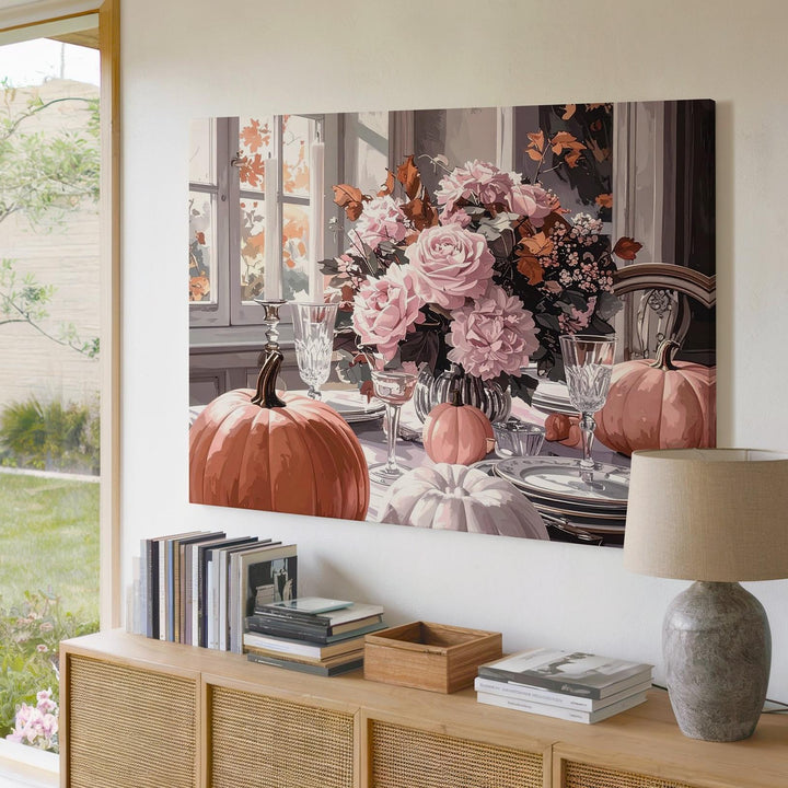 Elegant Halloween Table Canvas – Blush Pumpkins & Floral Autumn Setting - Gifitto