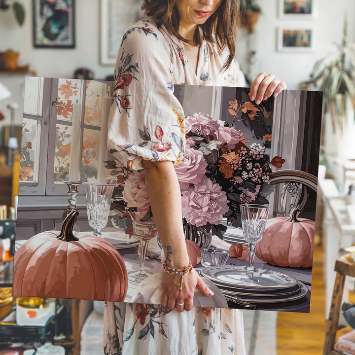 Elegant Halloween Table Canvas – Blush Pumpkins & Floral Autumn Setting - Gifitto