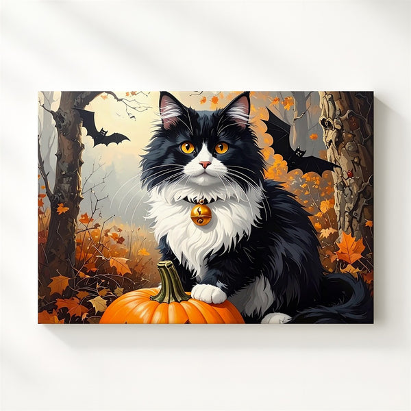 Forest Familiar Cat Canvas – Halloween Guardian with Pumpkin & Amber Eyes - Gifitto