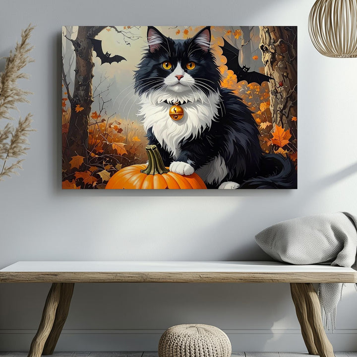 Forest Familiar Cat Canvas – Halloween Guardian with Pumpkin & Amber Eyes - Gifitto