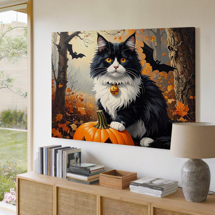 Forest Familiar Cat Canvas – Halloween Guardian with Pumpkin & Amber Eyes - Gifitto