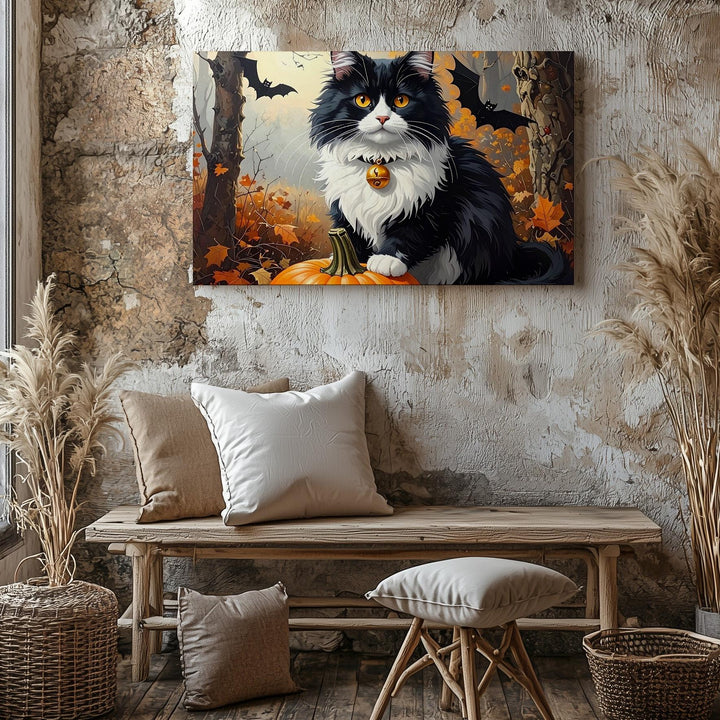 Forest Familiar Cat Canvas – Halloween Guardian with Pumpkin & Amber Eyes - Gifitto
