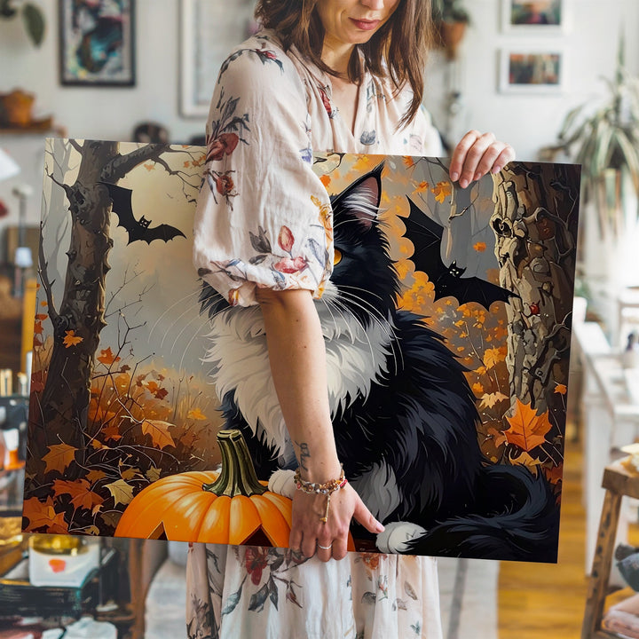 Forest Familiar Cat Canvas – Halloween Guardian with Pumpkin & Amber Eyes - Gifitto