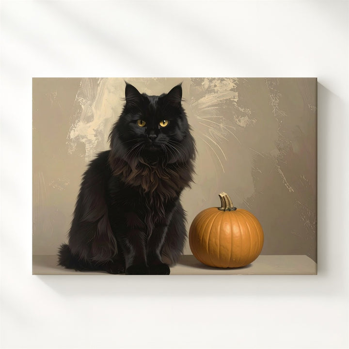 Regal Black Cat & Golden Pumpkin Canvas – Mystical Halloween Guardian Art - Gifitto