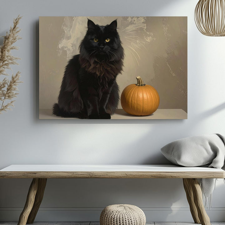 Regal Black Cat & Golden Pumpkin Canvas – Mystical Halloween Guardian Art - Gifitto