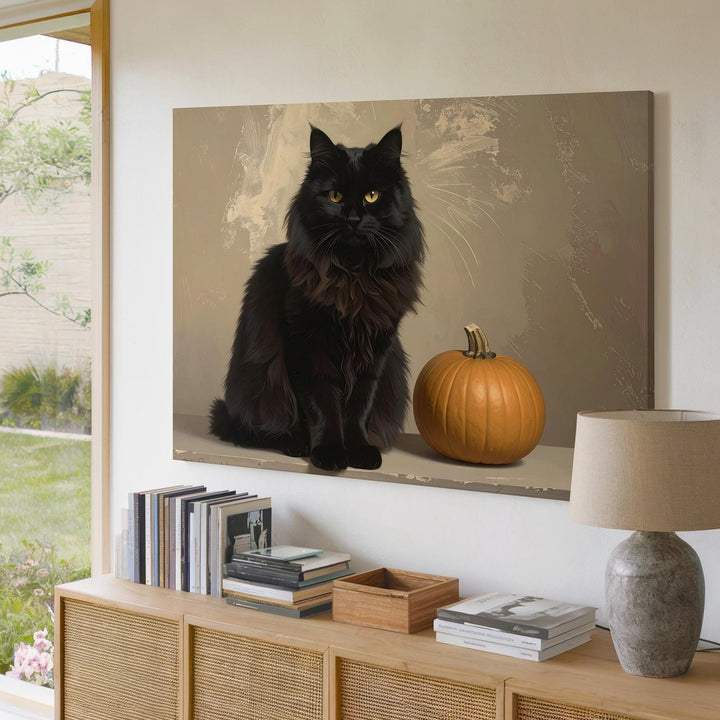 Regal Black Cat & Golden Pumpkin Canvas – Mystical Halloween Guardian Art - Gifitto