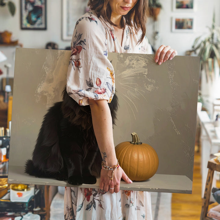 Regal Black Cat & Golden Pumpkin Canvas – Mystical Halloween Guardian Art - Gifitto