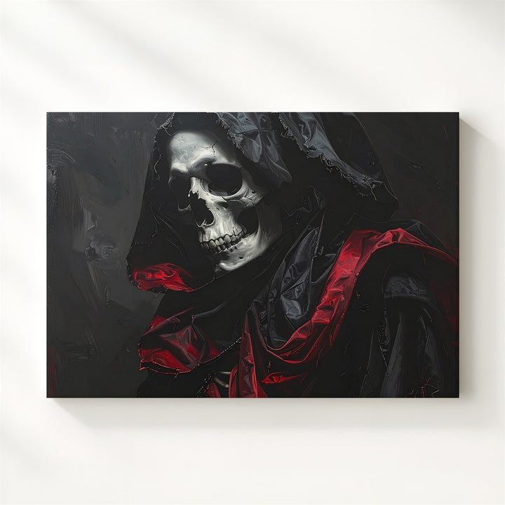 Undead Royalty Canvas – Regal Skeleton in Black Cloak with Red Satin Lining - Gifitto