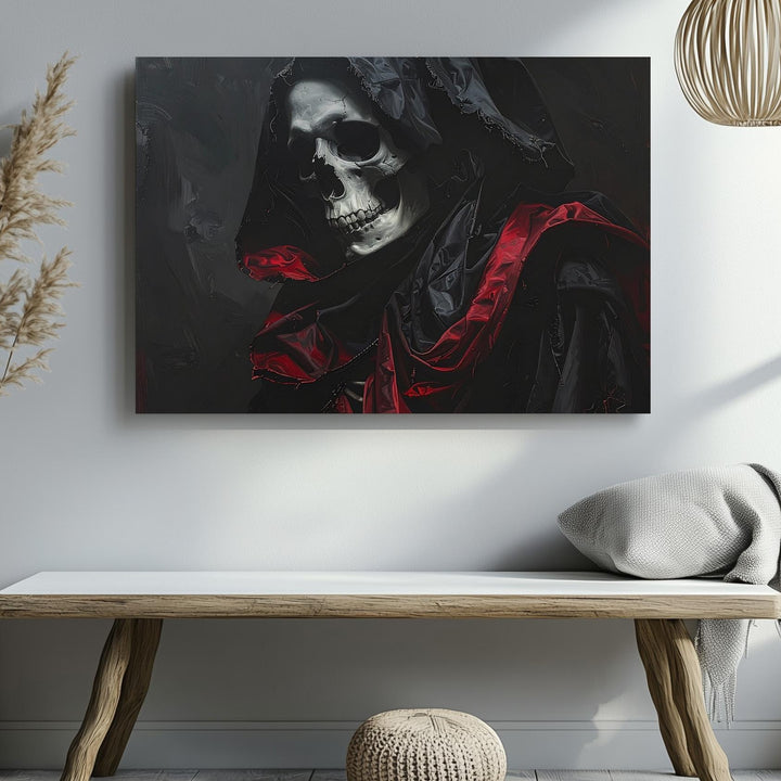 Undead Royalty Canvas – Regal Skeleton in Black Cloak with Red Satin Lining - Gifitto