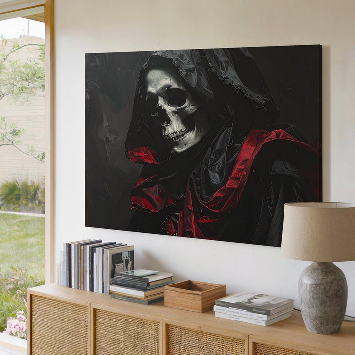 Undead Royalty Canvas – Regal Skeleton in Black Cloak with Red Satin Lining - Gifitto