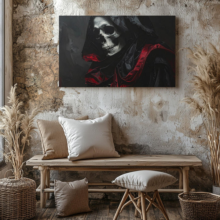 Undead Royalty Canvas – Regal Skeleton in Black Cloak with Red Satin Lining - Gifitto