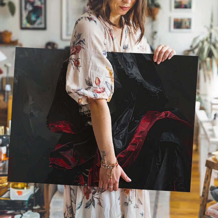 Undead Royalty Canvas – Regal Skeleton in Black Cloak with Red Satin Lining - Gifitto