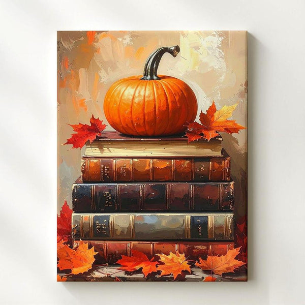 Pumpkin & Maple Leaves on Vintage Books Canvas – Warm Autumn Still Life Art - Gifitto