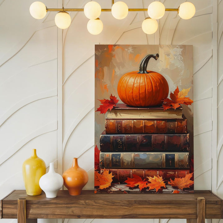 Pumpkin & Maple Leaves on Vintage Books Canvas – Warm Autumn Still Life Art - Gifitto