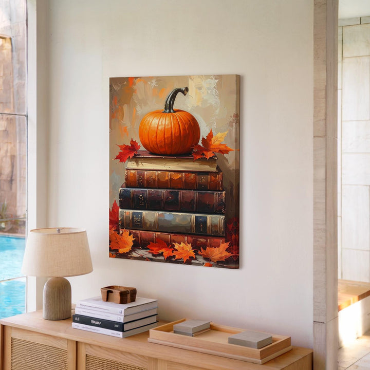 Pumpkin & Maple Leaves on Vintage Books Canvas – Warm Autumn Still Life Art - Gifitto