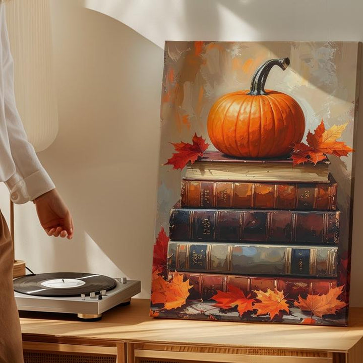 Pumpkin & Maple Leaves on Vintage Books Canvas – Warm Autumn Still Life Art - Gifitto