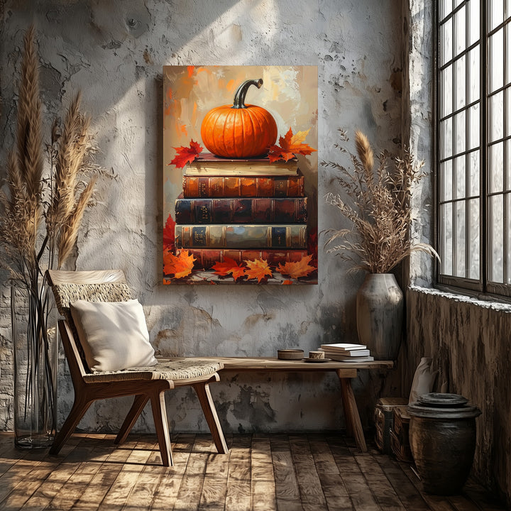 Pumpkin & Maple Leaves on Vintage Books Canvas – Warm Autumn Still Life Art - Gifitto