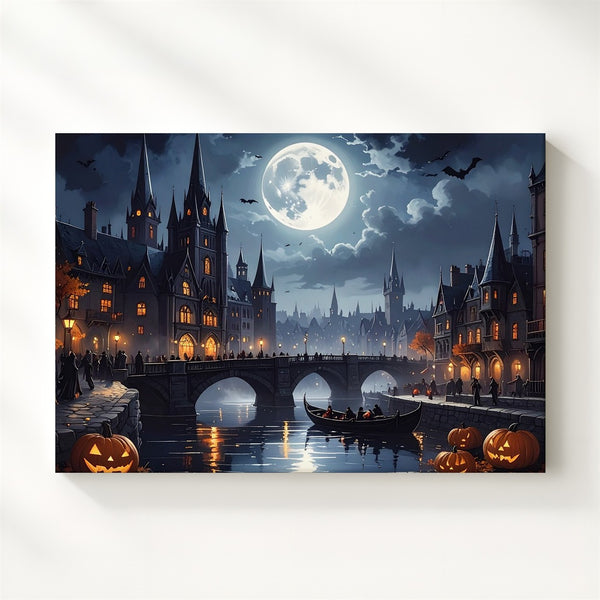 Moonlit Gothic Town Canvas – Enchanted Halloween Cityscape with Lanterns & Lore - Gifitto