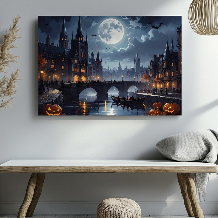 Moonlit Gothic Town Canvas – Enchanted Halloween Cityscape with Lanterns & Lore - Gifitto
