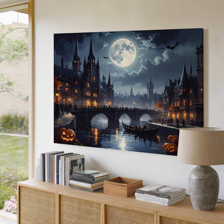 Moonlit Gothic Town Canvas – Enchanted Halloween Cityscape with Lanterns & Lore - Gifitto