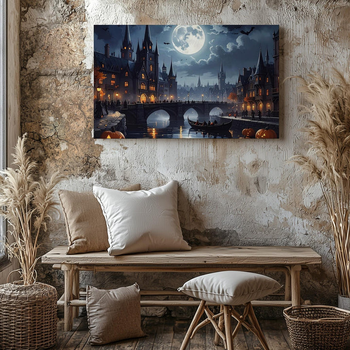 Moonlit Gothic Town Canvas – Enchanted Halloween Cityscape with Lanterns & Lore - Gifitto
