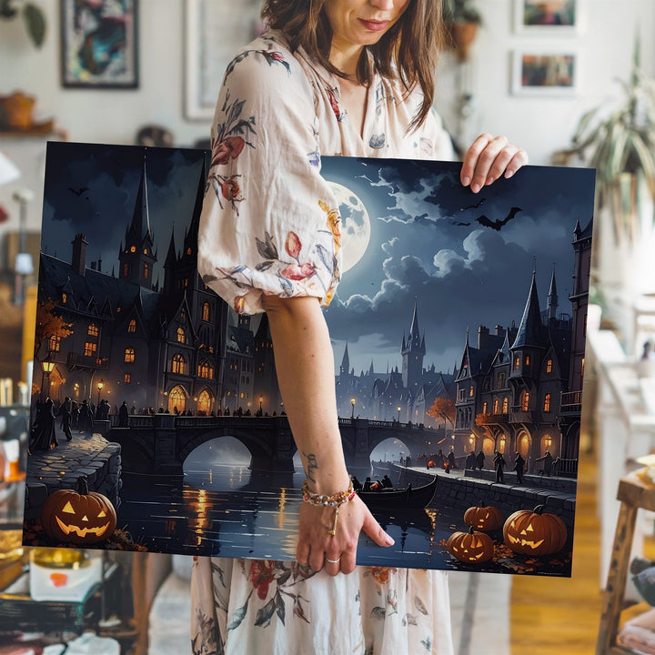 Moonlit Gothic Town Canvas – Enchanted Halloween Cityscape with Lanterns & Lore - Gifitto