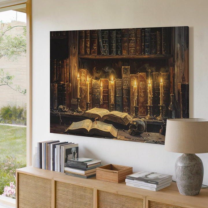 Gothic Occult Library Canvas – Arcane Halloween Sorcery Wall Art - Gifitto
