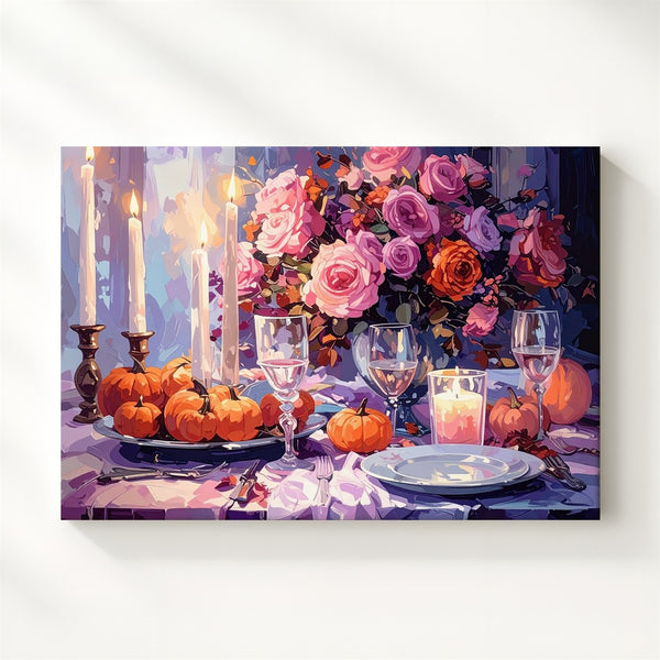 Enchanted Autumn Dinner Canvas – Romantic Still Life with Pumpkins & Candlelight - Gifitto