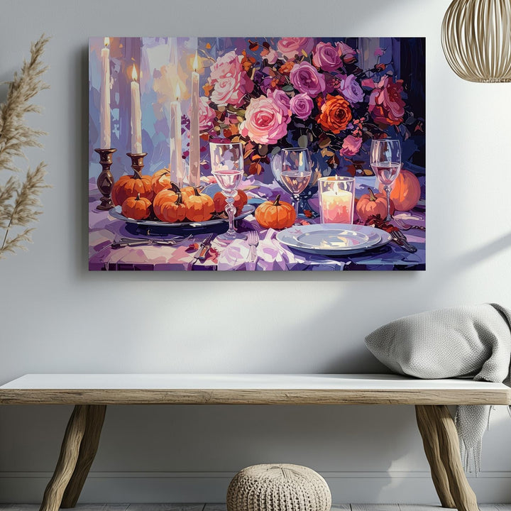 Enchanted Autumn Dinner Canvas – Romantic Still Life with Pumpkins & Candlelight - Gifitto