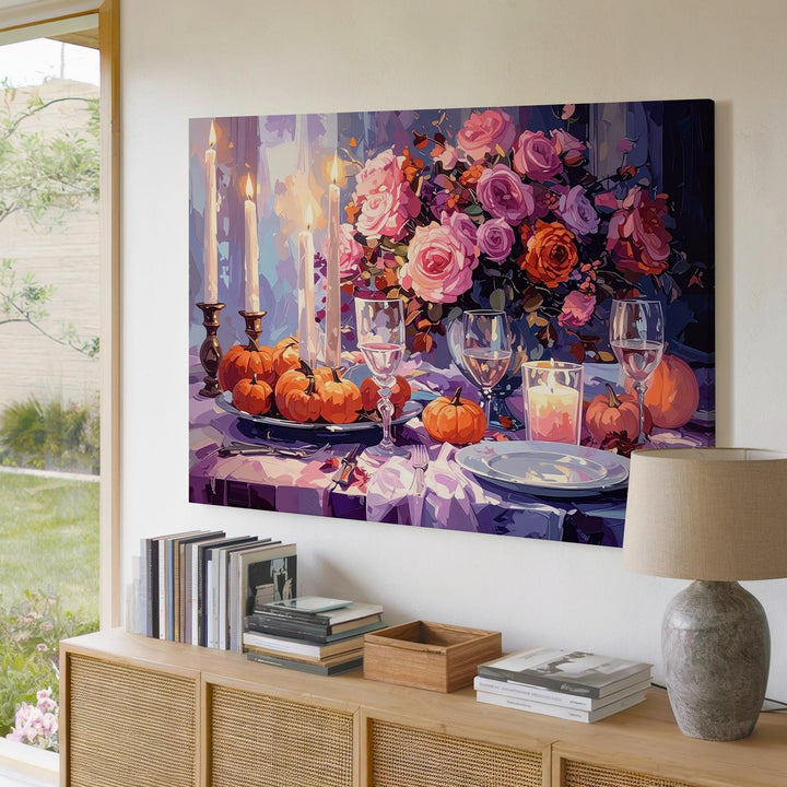 Enchanted Autumn Dinner Canvas – Romantic Still Life with Pumpkins & Candlelight - Gifitto