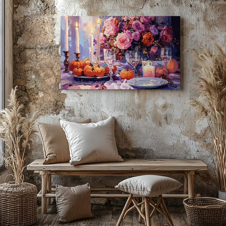 Enchanted Autumn Dinner Canvas – Romantic Still Life with Pumpkins & Candlelight - Gifitto