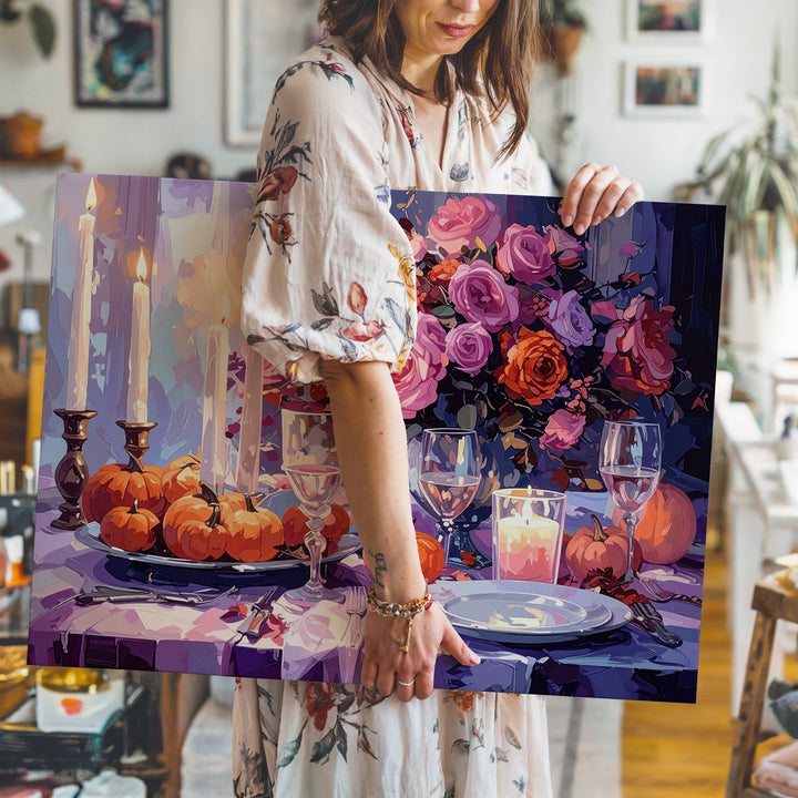 Enchanted Autumn Dinner Canvas – Romantic Still Life with Pumpkins & Candlelight - Gifitto