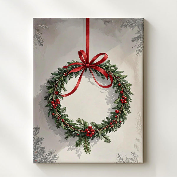 Evergreen Wreath with Red Bow Canvas – Classic Minimalist Christmas Wall Art - Gifitto