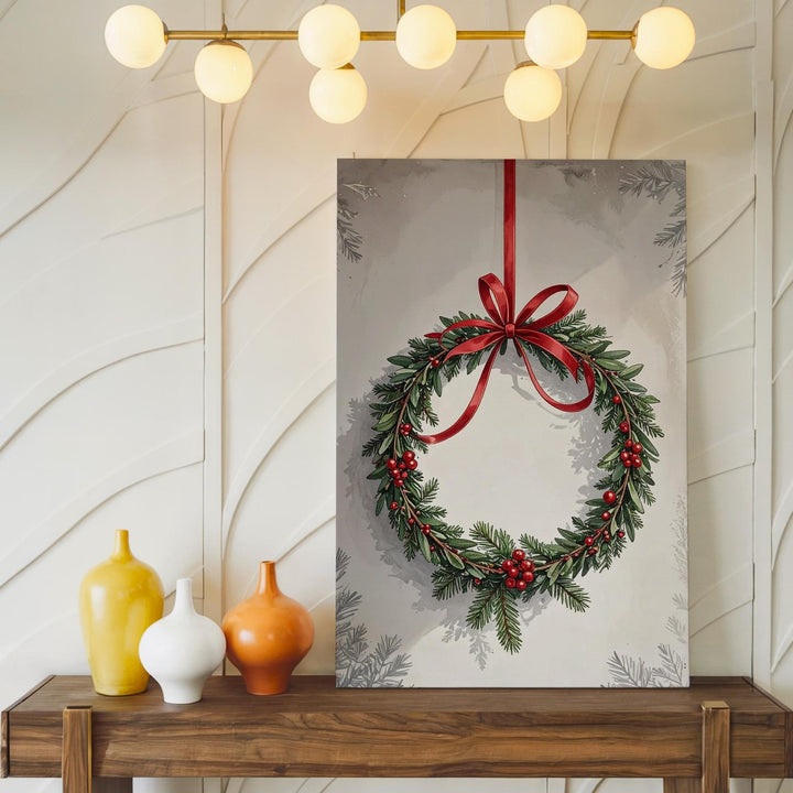 Evergreen Wreath with Red Bow Canvas – Classic Minimalist Christmas Wall Art - Gifitto