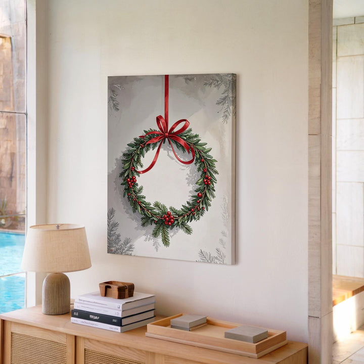 Evergreen Wreath with Red Bow Canvas – Classic Minimalist Christmas Wall Art - Gifitto