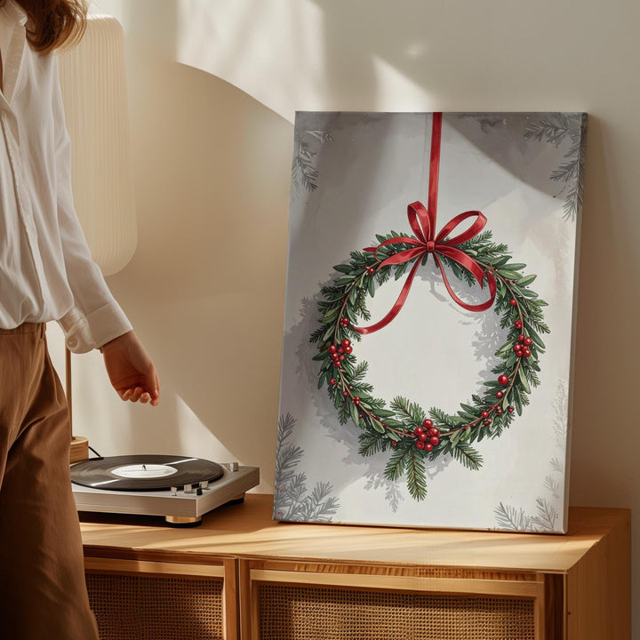 Evergreen Wreath with Red Bow Canvas – Classic Minimalist Christmas Wall Art - Gifitto