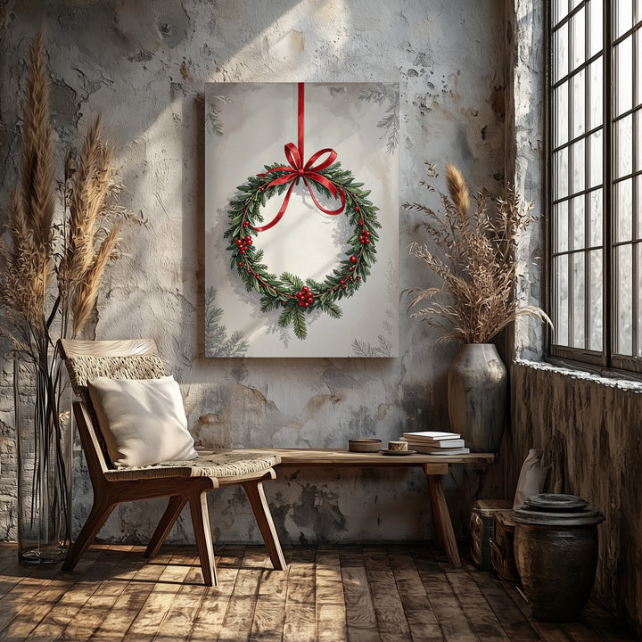 Evergreen Wreath with Red Bow Canvas – Classic Minimalist Christmas Wall Art - Gifitto