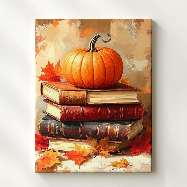 Pumpkin on Antique Books Canvas – Rustic Autumn Literary Still Life Art - Gifitto