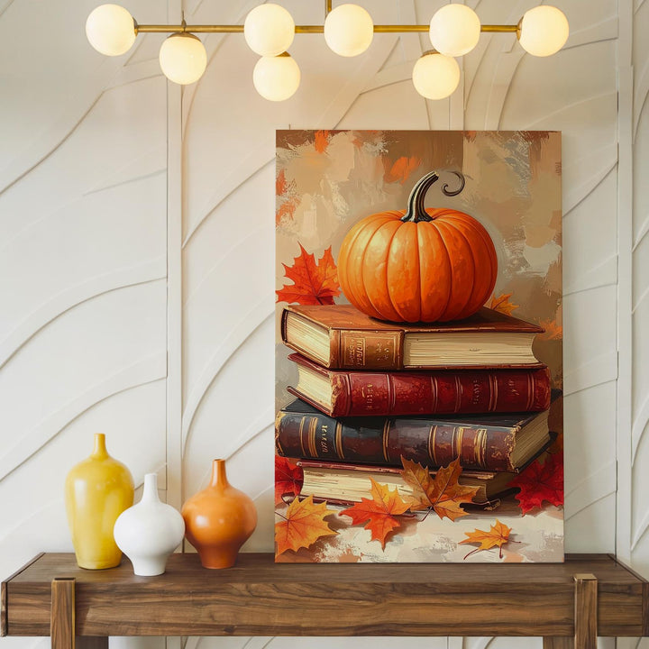 Pumpkin on Antique Books Canvas – Rustic Autumn Literary Still Life Art - Gifitto