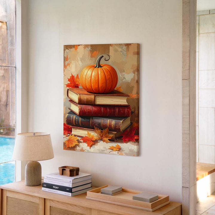 Pumpkin on Antique Books Canvas – Rustic Autumn Literary Still Life Art - Gifitto