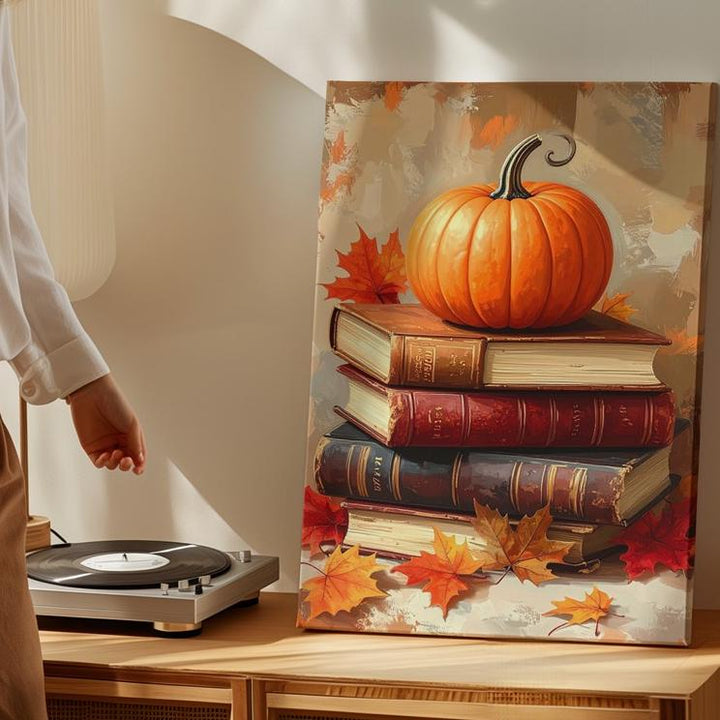 Pumpkin on Antique Books Canvas – Rustic Autumn Literary Still Life Art - Gifitto