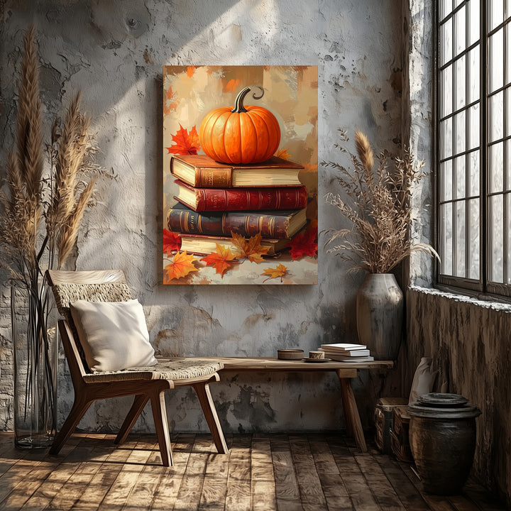 Pumpkin on Antique Books Canvas – Rustic Autumn Literary Still Life Art - Gifitto