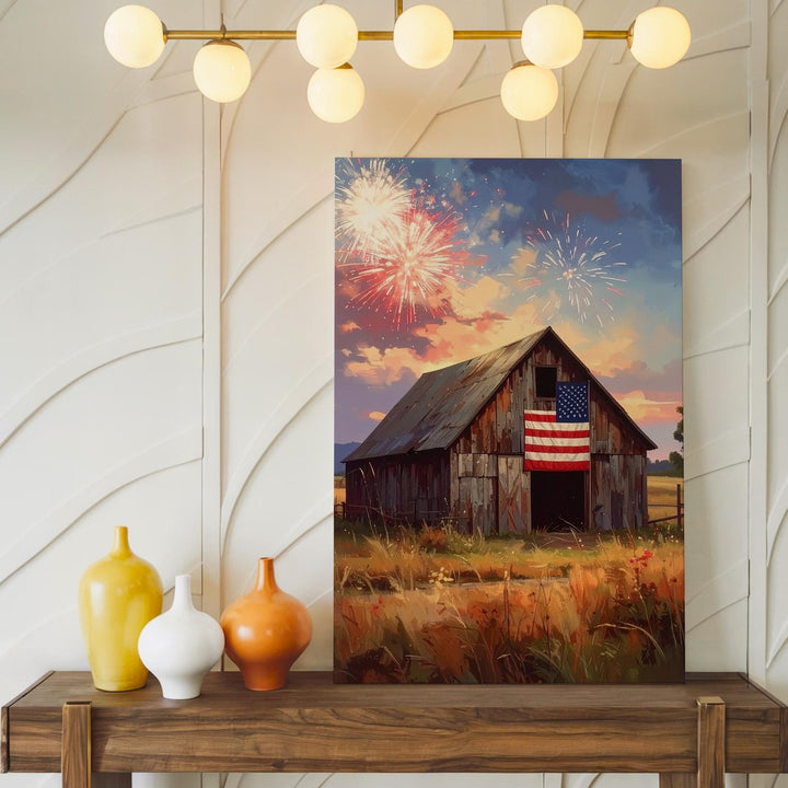 Fireworks Over Barn Canvas – Rustic American Pride Wall Art - Gifitto