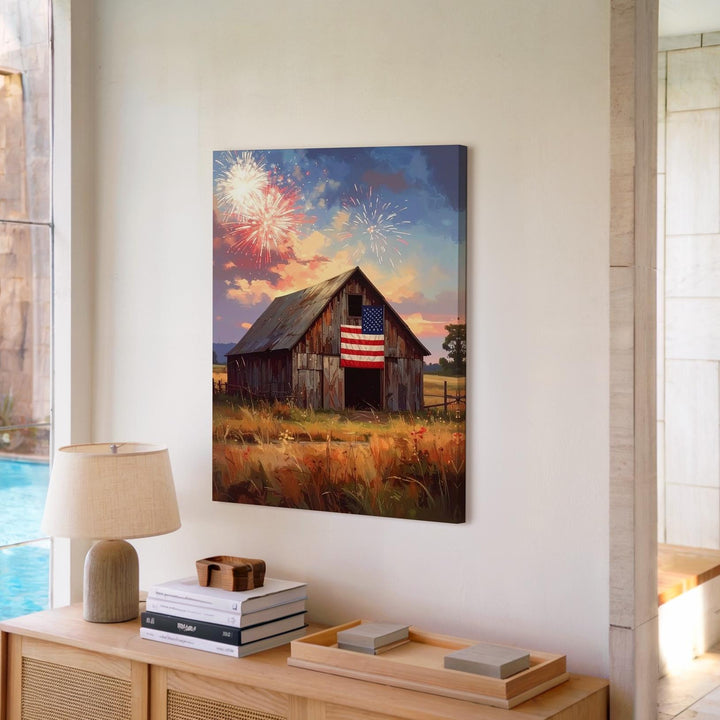 Fireworks Over Barn Canvas – Rustic American Pride Wall Art - Gifitto