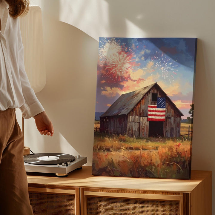 Fireworks Over Barn Canvas – Rustic American Pride Wall Art - Gifitto
