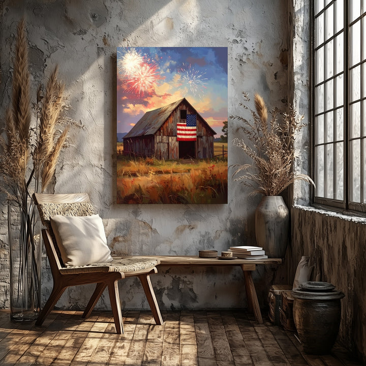 Fireworks Over Barn Canvas – Rustic American Pride Wall Art - Gifitto