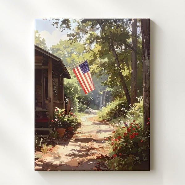 Forest Cabin Flag Canvas – Rustic Woodland Patriotism Wall Art - Gifitto