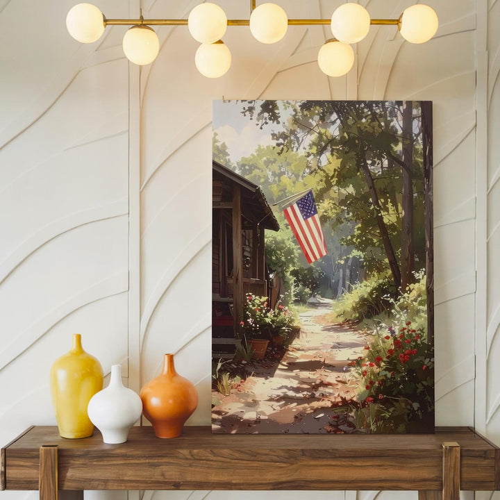 Forest Cabin Flag Canvas – Rustic Woodland Patriotism Wall Art - Gifitto